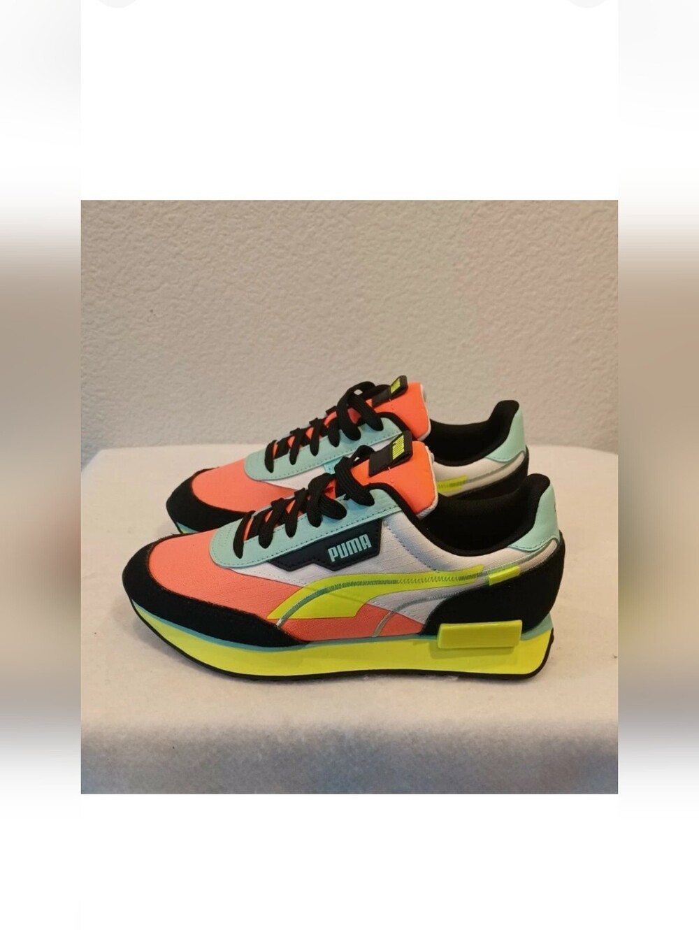Puma Coral, Mint & Neon Yellow Retro Running Sneakers